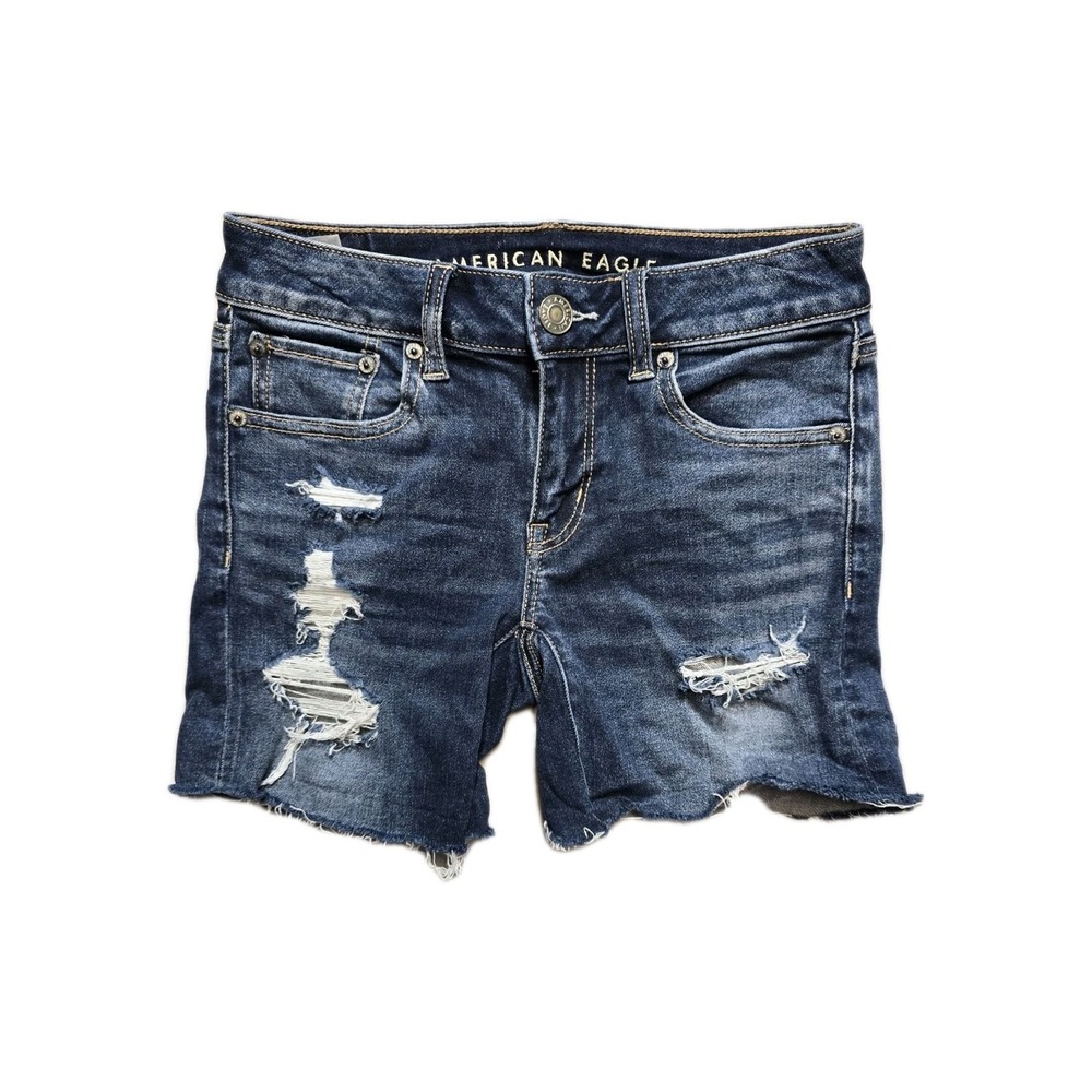 American Eagle Women's Denim Shorts 0 Midi Blue Distressed